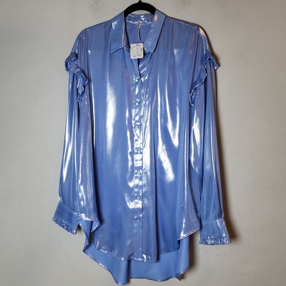 NWT Free People Blue Periwinkle Ruffle Long Sleeve Button Shirt Large Oversized - Picture 1 of 17
